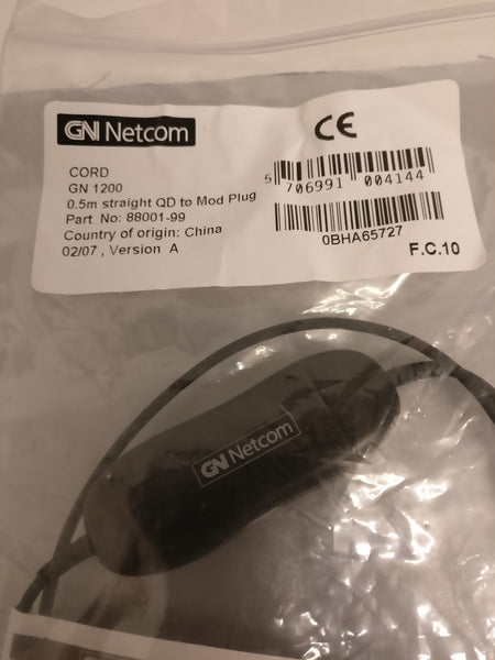 GN Netcom GN1200 0.5m Straight Cord QD-Modular Plug Smart Cord 88001-99