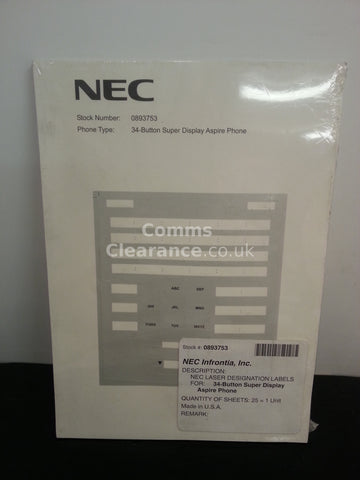 NEC Aspire 34 Button Display Phone Desi (Designation, Inlay) Labels